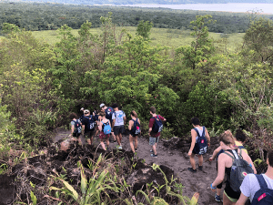 Students hiking in rainforest