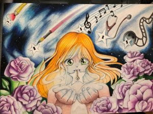 Cartoon drawing of girls with music and flowers