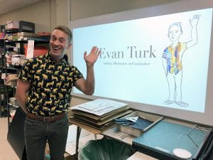 Author and illustrator Evan Turk with his likeness in background